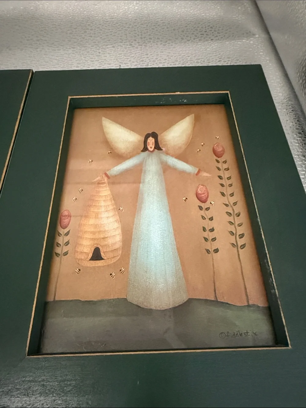 Vintage Set of 3 Angel Wall Art Prints in Green Frames